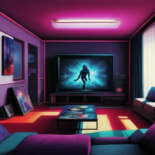 Surreal liminal space type 1980s style room with a tv-set. H...