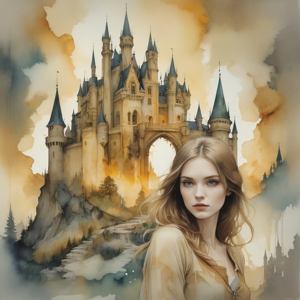 A double exposure of a fairytale castle with a super imposed...