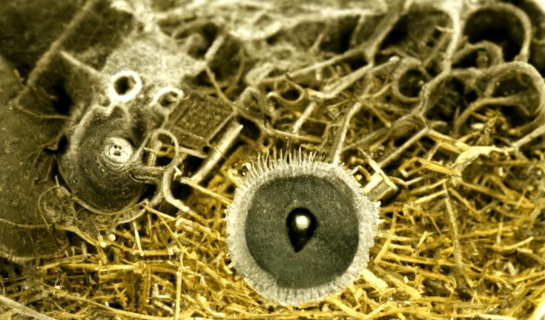 microchip image from electron microscope. in the center fly ...