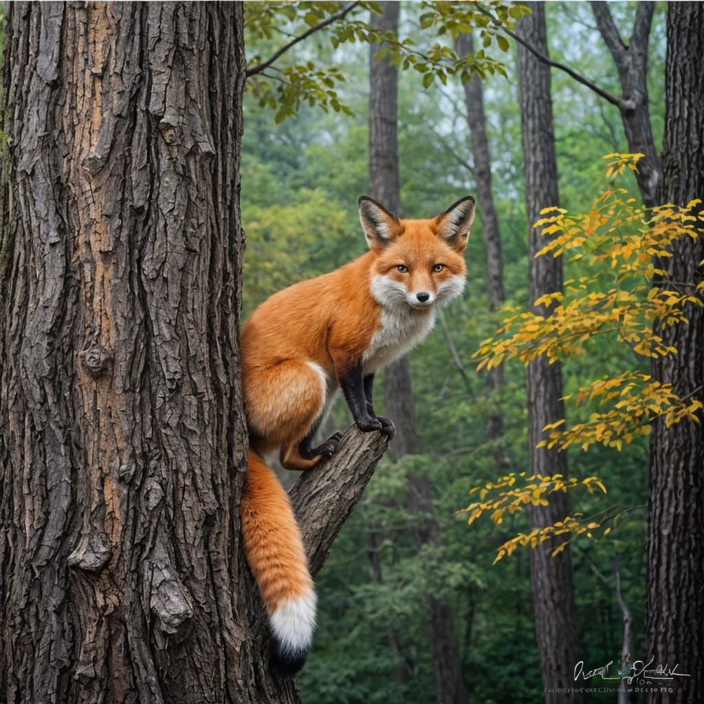 Fox Climbing Tree in Impasto Oil Painting