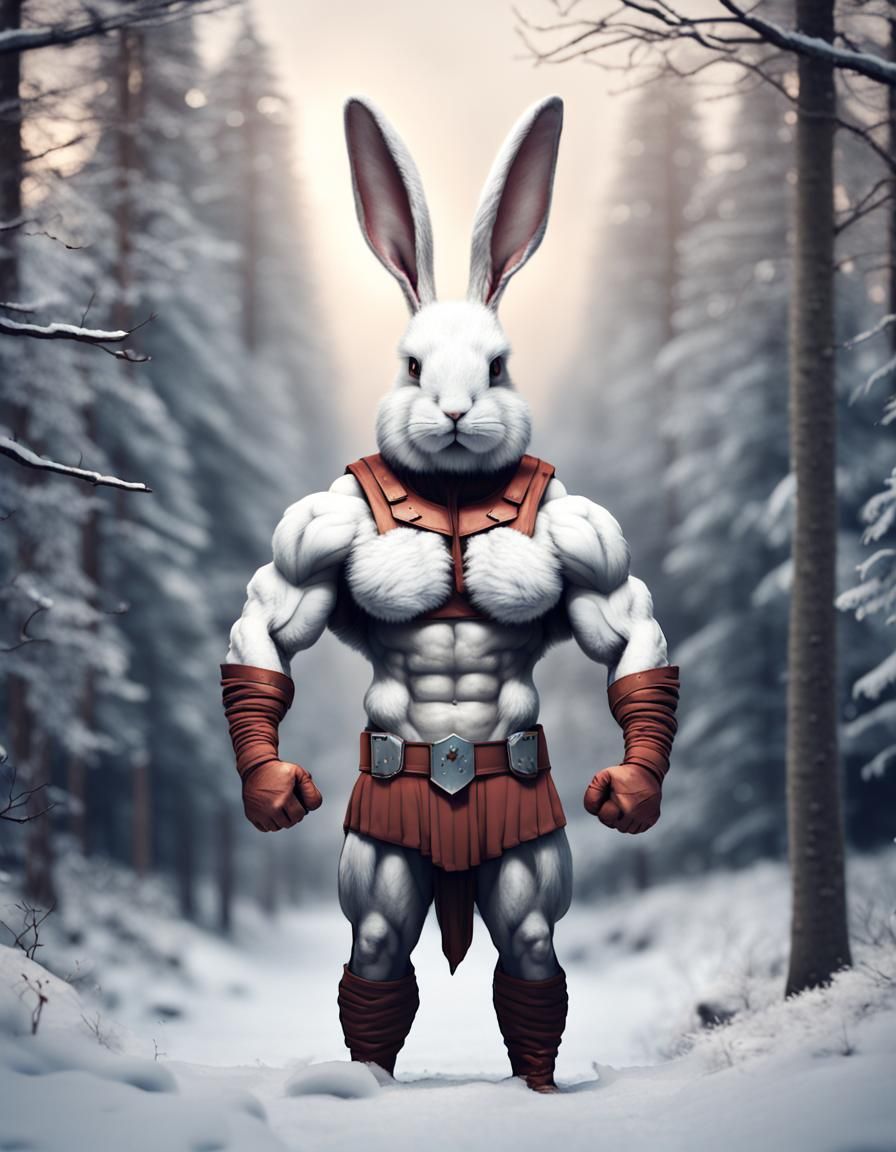 Muscular Bunny Spartan in Winter Forest