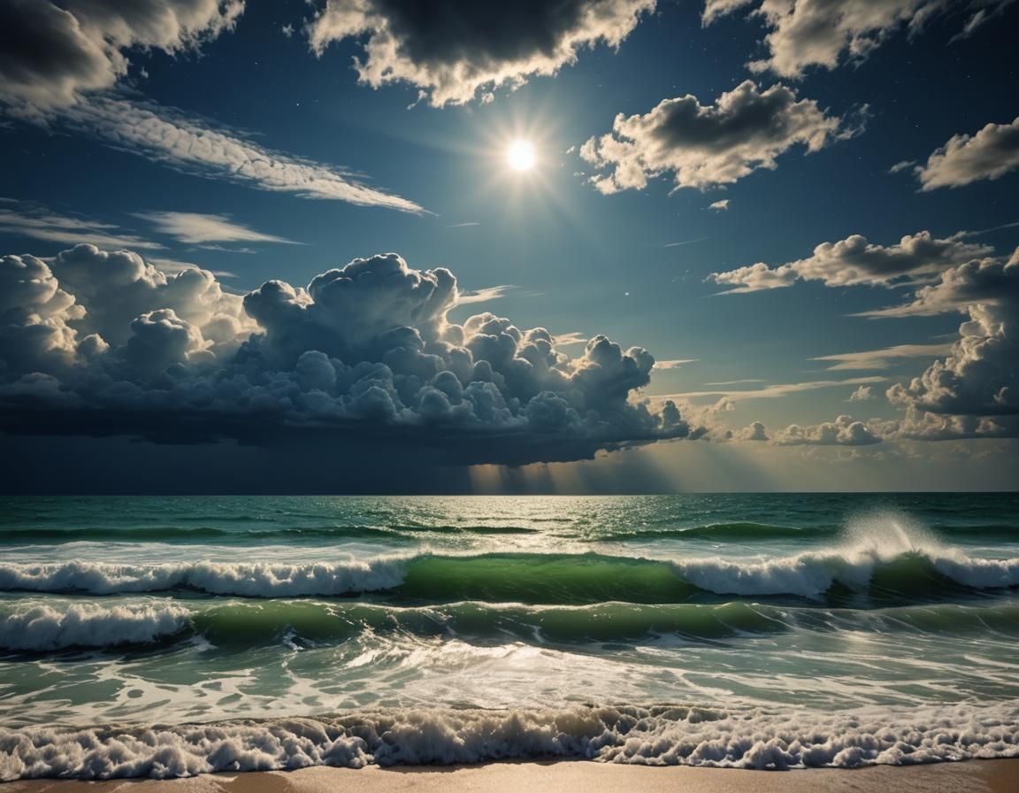 A stormy green sea under a beautiful dark blue sky, illumina...
