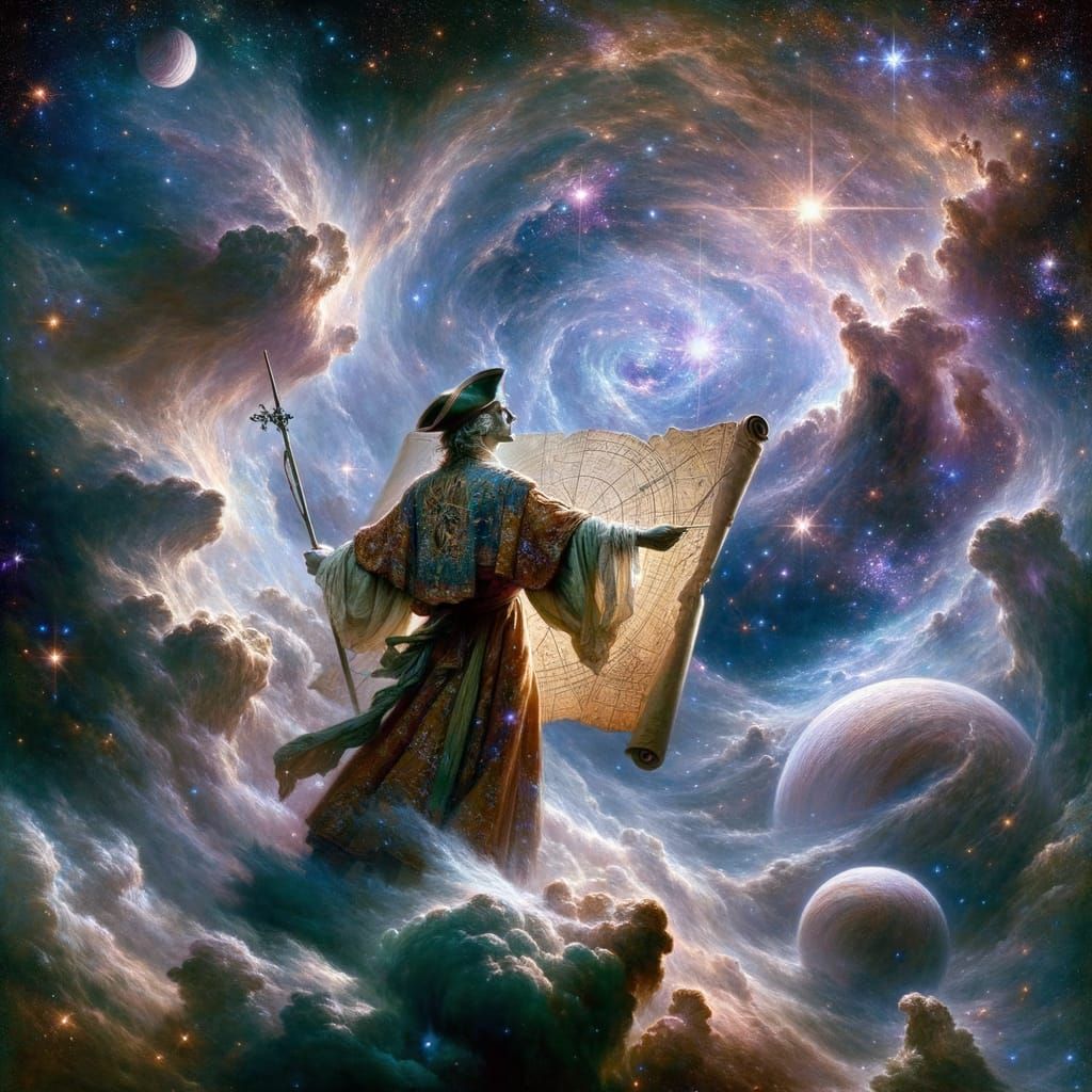 A lone celestial navigator, clad in ancient robes embroidered with constellations, charting a course through a vibrant, swirling nebula. The...