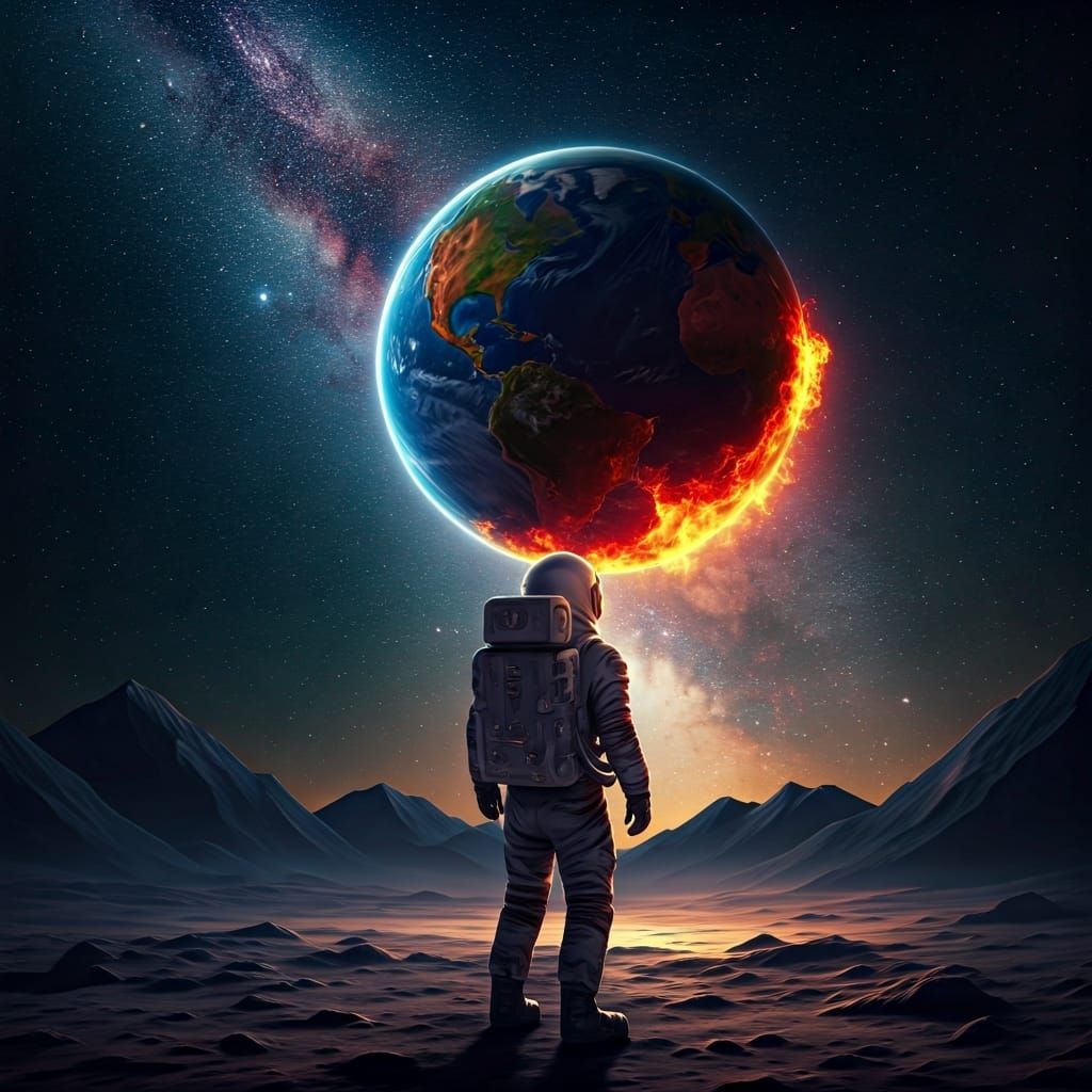 Apocalyptic Astronaut on Moon Gazing at Burning Earth