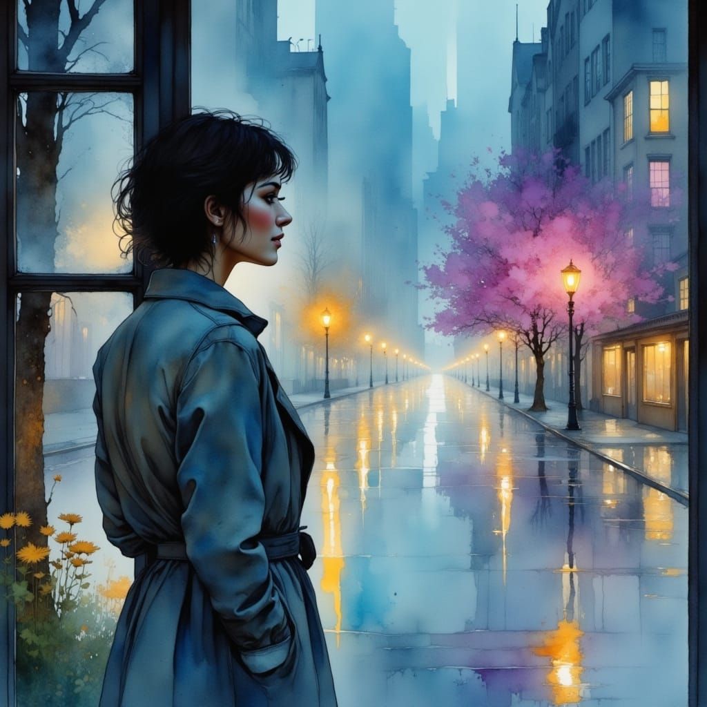 Soft Watercolor Cityscape at Dusk with a Lone Woman Gazing O...