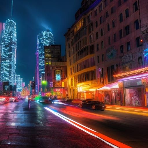 Futuristic city bathed in neon glow.