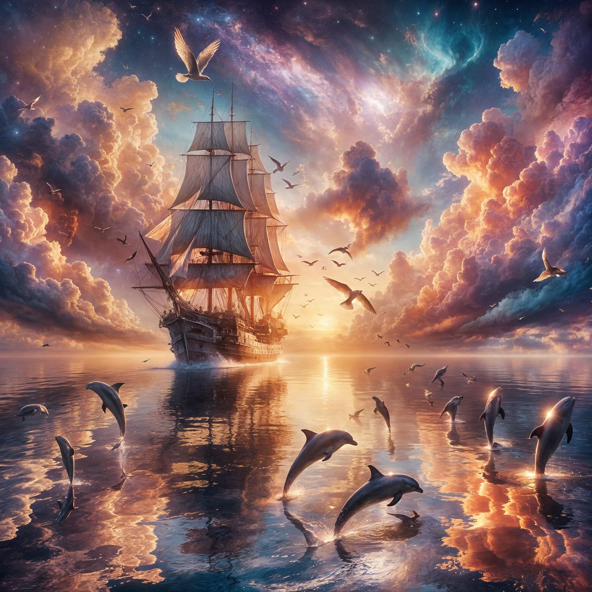 Epic and dreamy romantic seascape. A majestic ship sails on calm, shimmering waters under a sky filled with soft, dramatic clouds in pastel ...