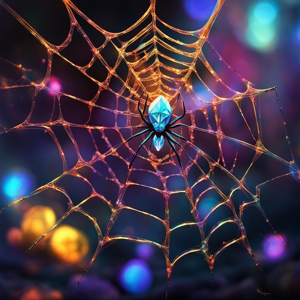 A beautiful bioluminescent colorful sparkling crystal glass spiderweb ...