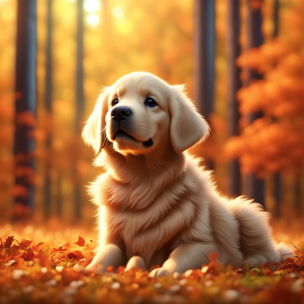 golden retriever puppy sitting in a forest in the fall