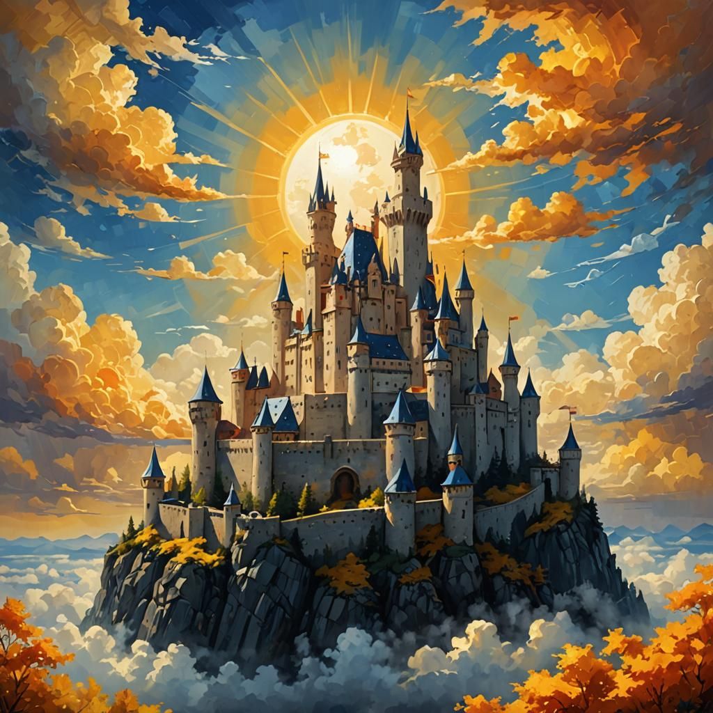 castle, sun, clouds, yellow, orange, blue, white, Mysterious...