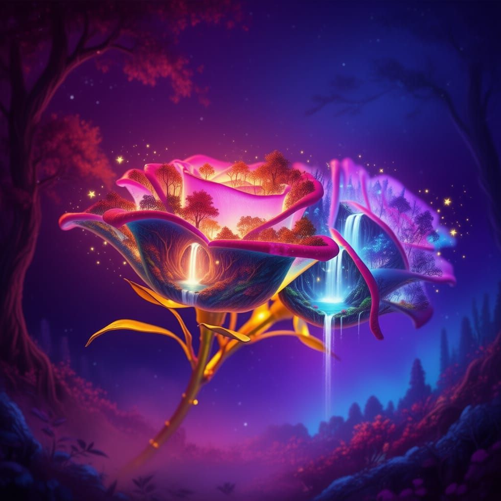 A vibrant, Esao Andrews surreal image of  a landscape of a hillside village with colorful houses, stairways, and lush foliage. The scene fea...