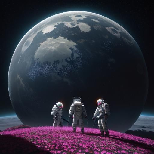 Three men in spacesuits tending to the flowers in a geodesic...