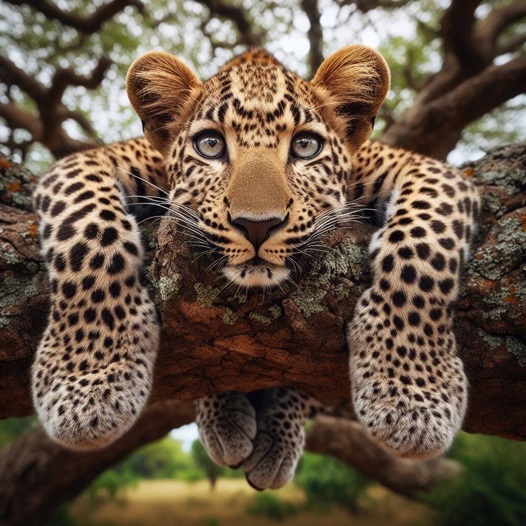 Leopard straddling a branch