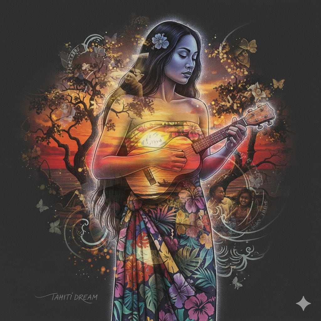 Tahitian woman playing the ukulele
