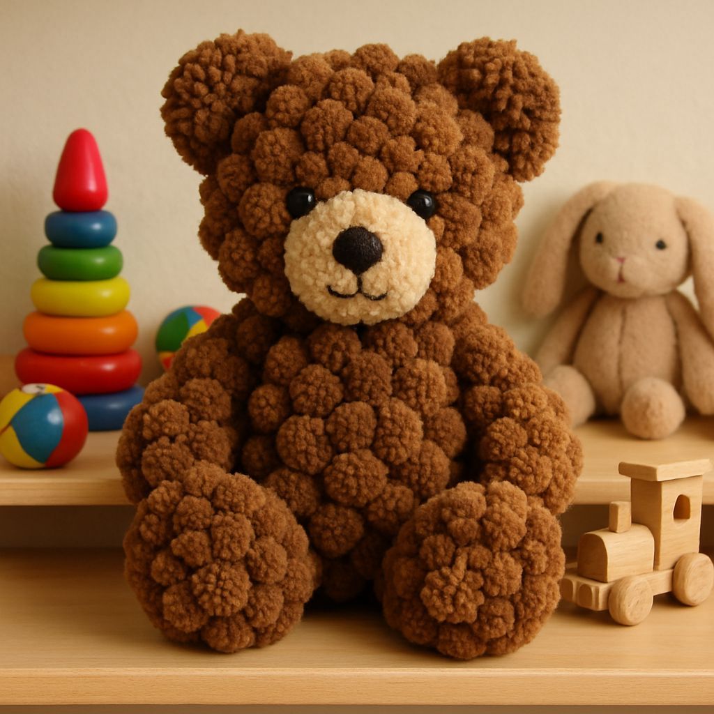 A giant teddy bear made out of woollen pom-poms, sitting on a shelf of toys