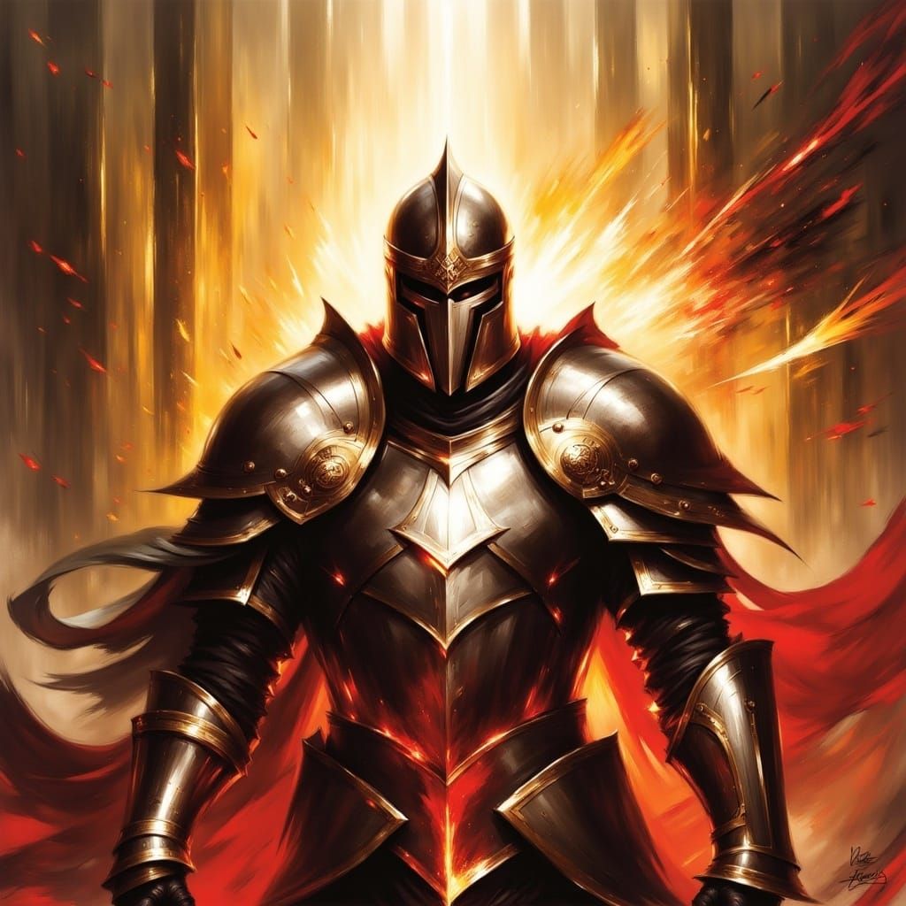 <lora:The Swanland Flux:1.0> A gallant and glorious paladin in intricate, resplendent armor, holy aura, lens flare, by Raymond Swanland