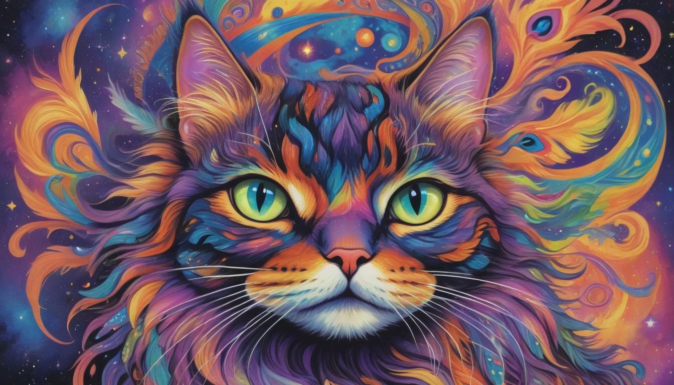 a portrait of a vibrantly colored, psychedelic cat against a...