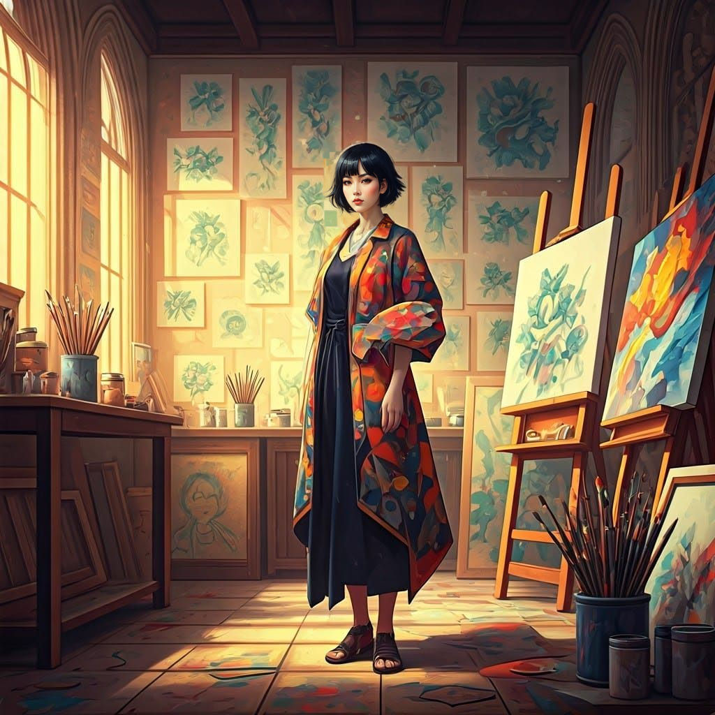 Modern Thai Woman in Vibrant Art Studio