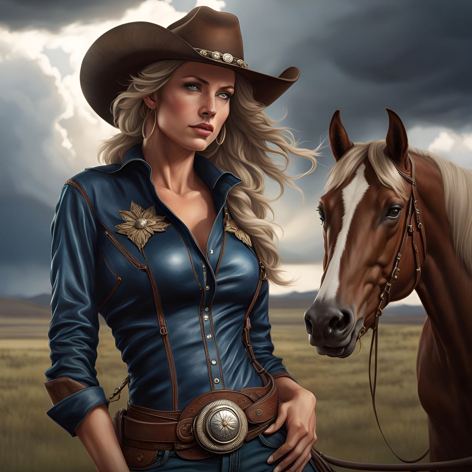 Beautiful Cowgirl Outside on a Ranch, Dark Storm Clouds in the Sky - AI ...