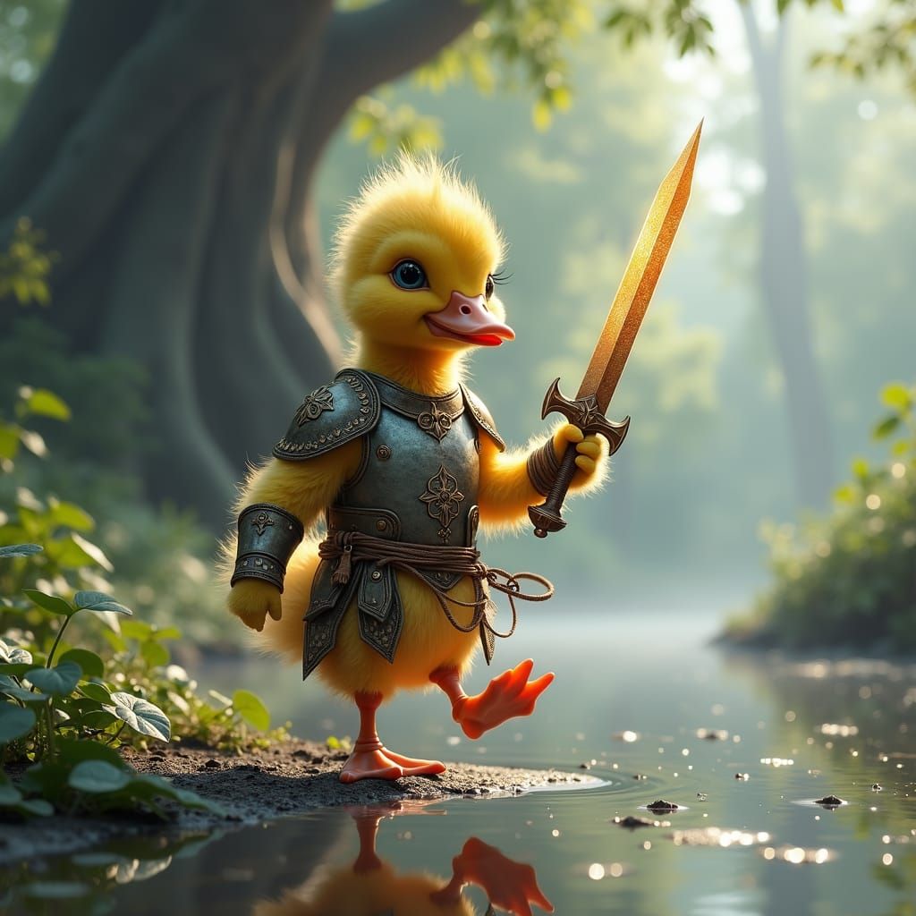 High fantasy young duckling learning to dance with a blade, duckling apprentice fighter, duckling, scenic pond training ground, high detail,...