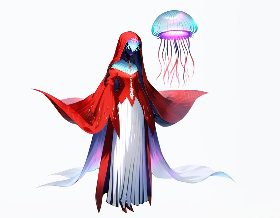 veiled hat+Face hidden and glowing eyes(jellyfish based char...