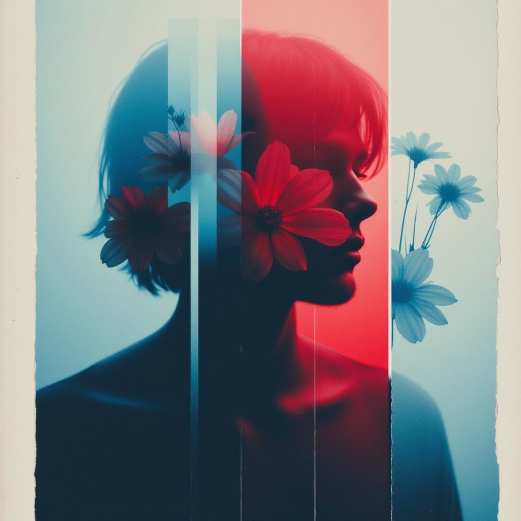 <lora:BleakBeauty:1.0> --profile i7vqu5z, ethereal, crimson, cerulean, 
``fragmented `... red, blue, silhouettes, overlapping flowers, muted...