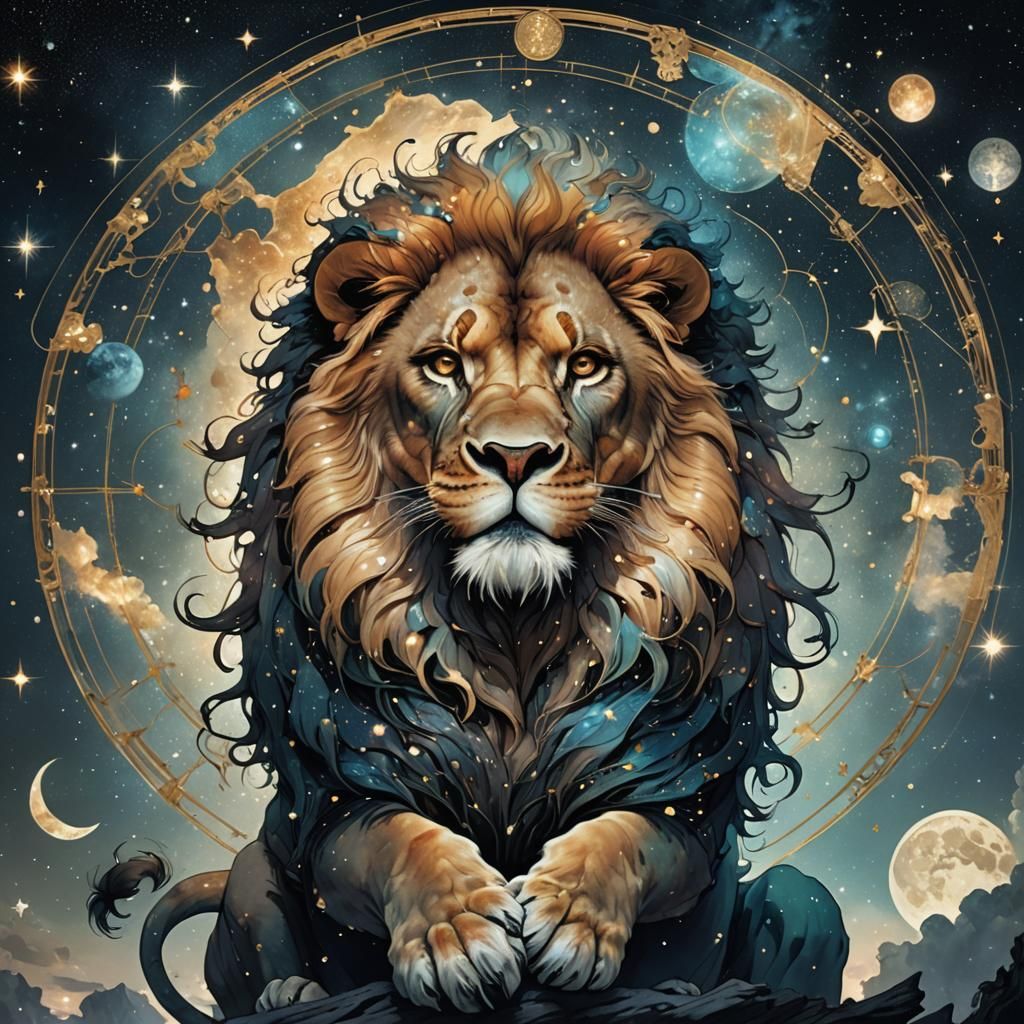 The constellation “Leo” outlined in the night sky; a transparent lion in the night sky; fantasycore artwork ...  by @ReaverG