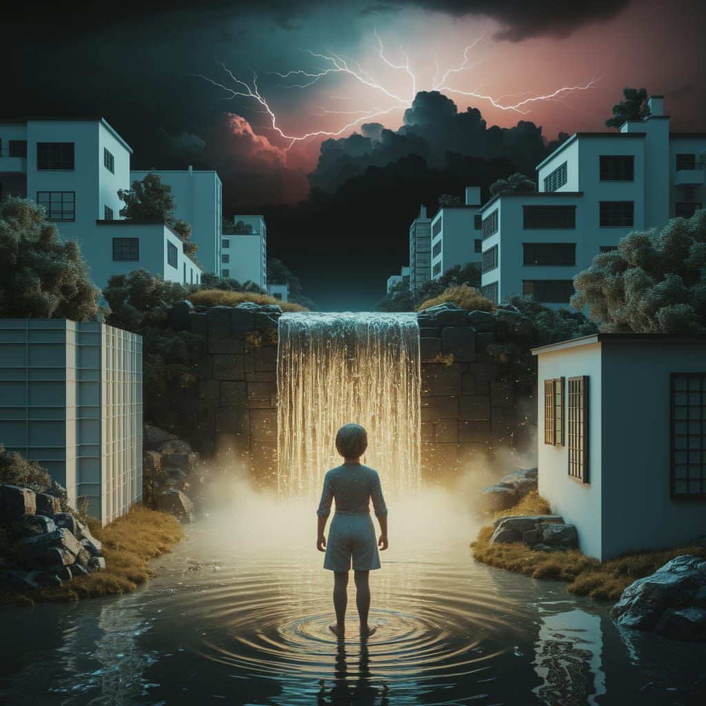 Barefoot Child at Waterfall in Amanda Sage Style