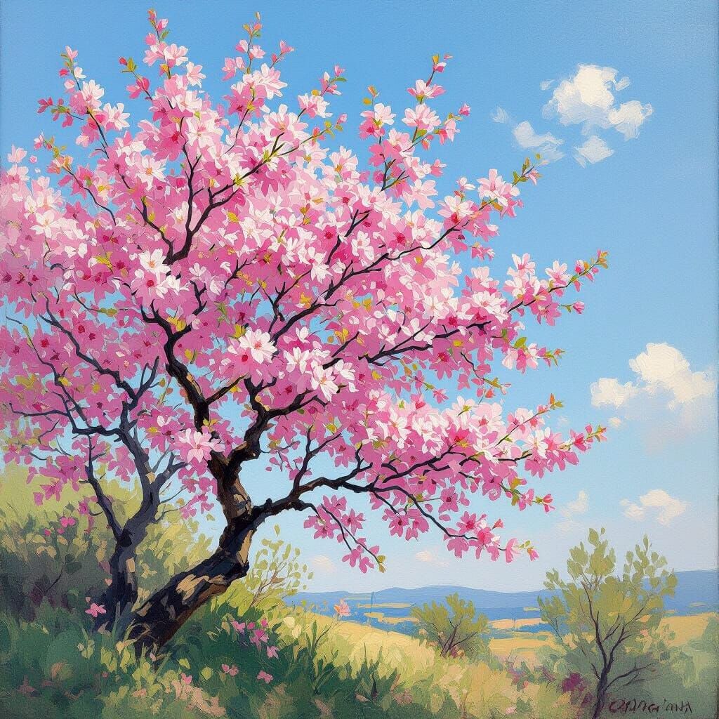 Blooming Tree in Impressionistic Oil Painting Style