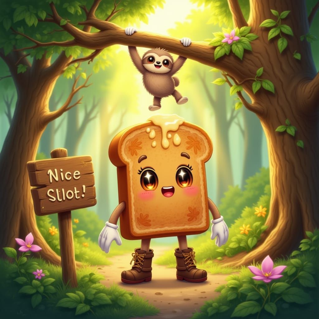 <lora:Rye Toast:1.0> Adorable Rye Toast character with white gloves and hiking shoes, in a jungle forest.  A tree branch over his head where...