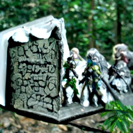 a weathered stone monument in an overgrown forest. The structure