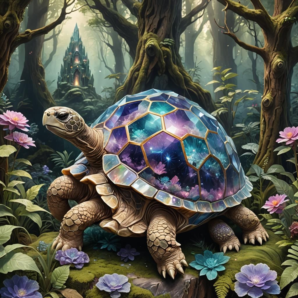 Geode crystal tortoise in a  beautiful forest ethereal fanta...