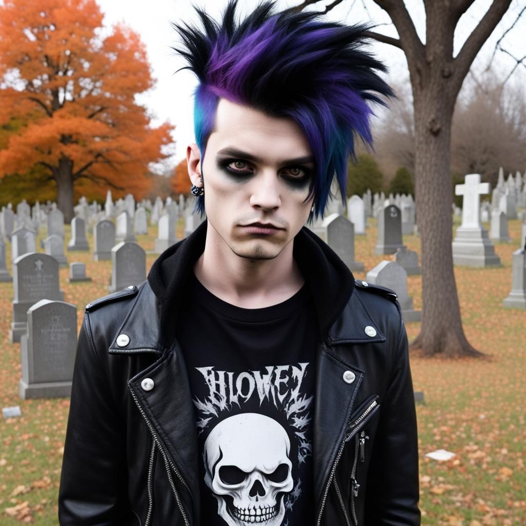 halloween punk goth emo boy at graveyard