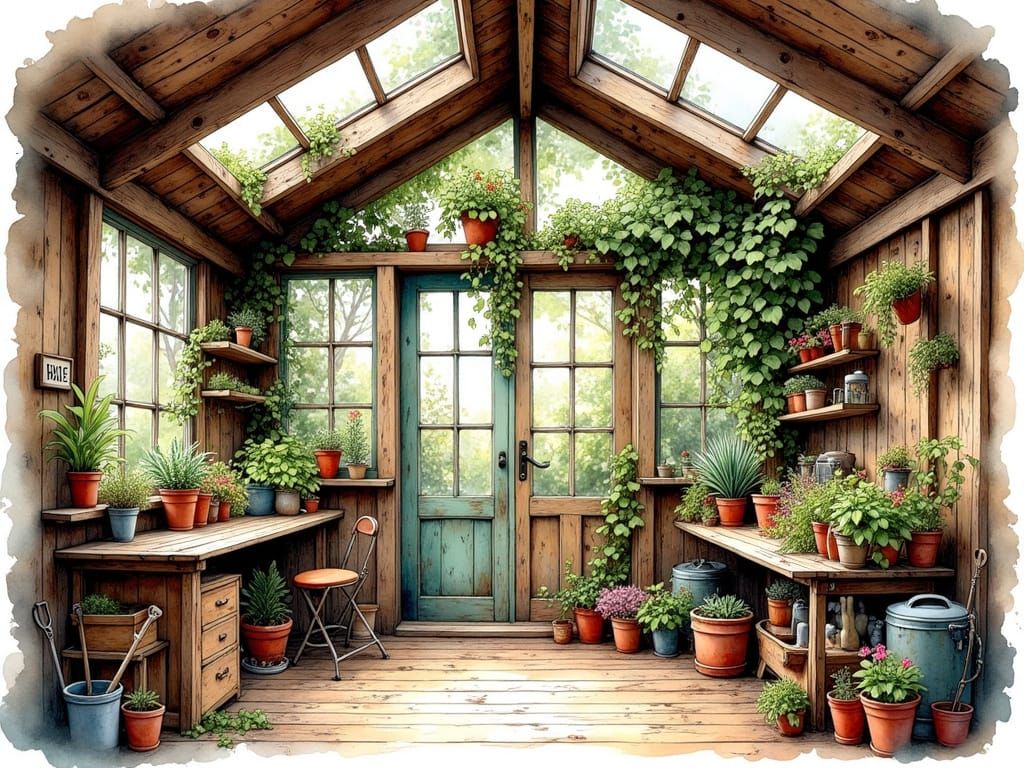 Vibrant Vintage Garden Shed in Stylized Watercolor