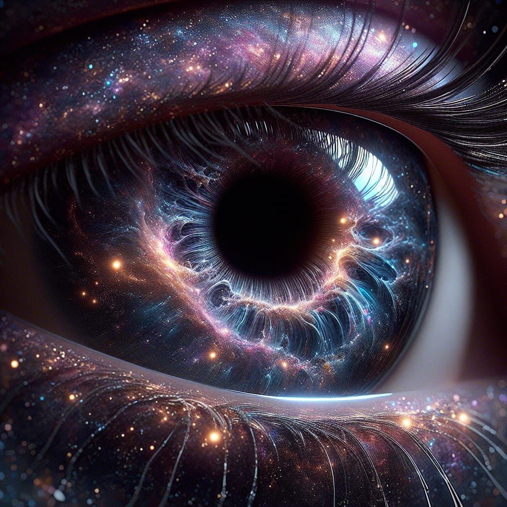 Fragment of a face, a single mesmerizing eye, the iris a celestial showcase of swirling galaxies, a hypnotic dance of sapphire, amethyst and...