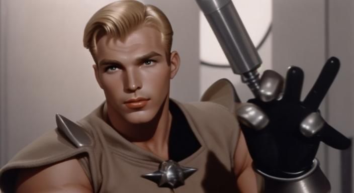 very hand some and muscular, short blonde hair Buster Crabbe...