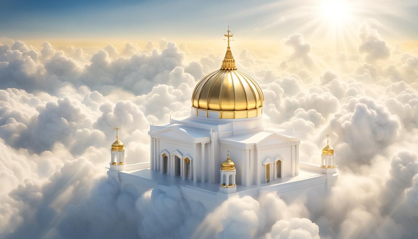 hyperrealistic image, white and gold Christian temple, above the