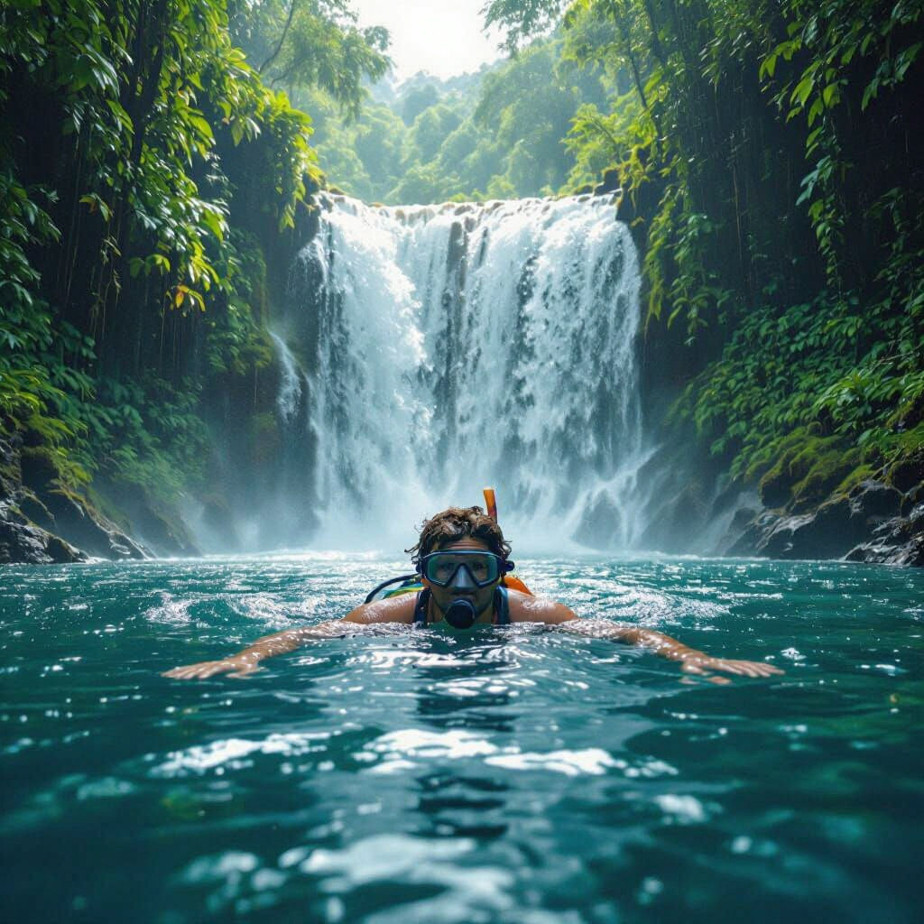 Rappelling Down Waterfall: Cinematic Film Still