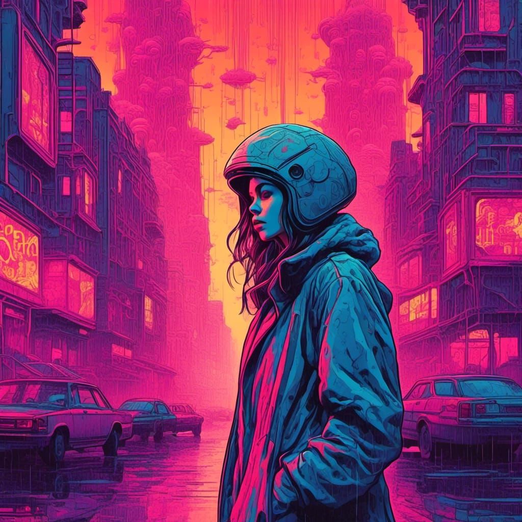 <lora:Pink Room:1.0>
Medium shot of a female sci-fi protagonist in a cyberpunk city on a rainy evening. Screen print, pop art, splash screen...