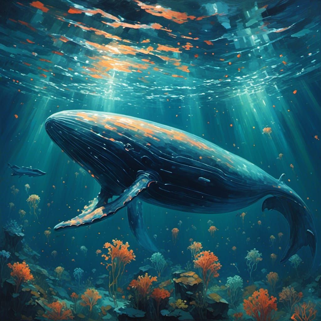 Underwater view of a huge fantastical glowing transparent glass whale swimming in the ocean. Surrounded by glowing jellyfish. <lora:Stellar...