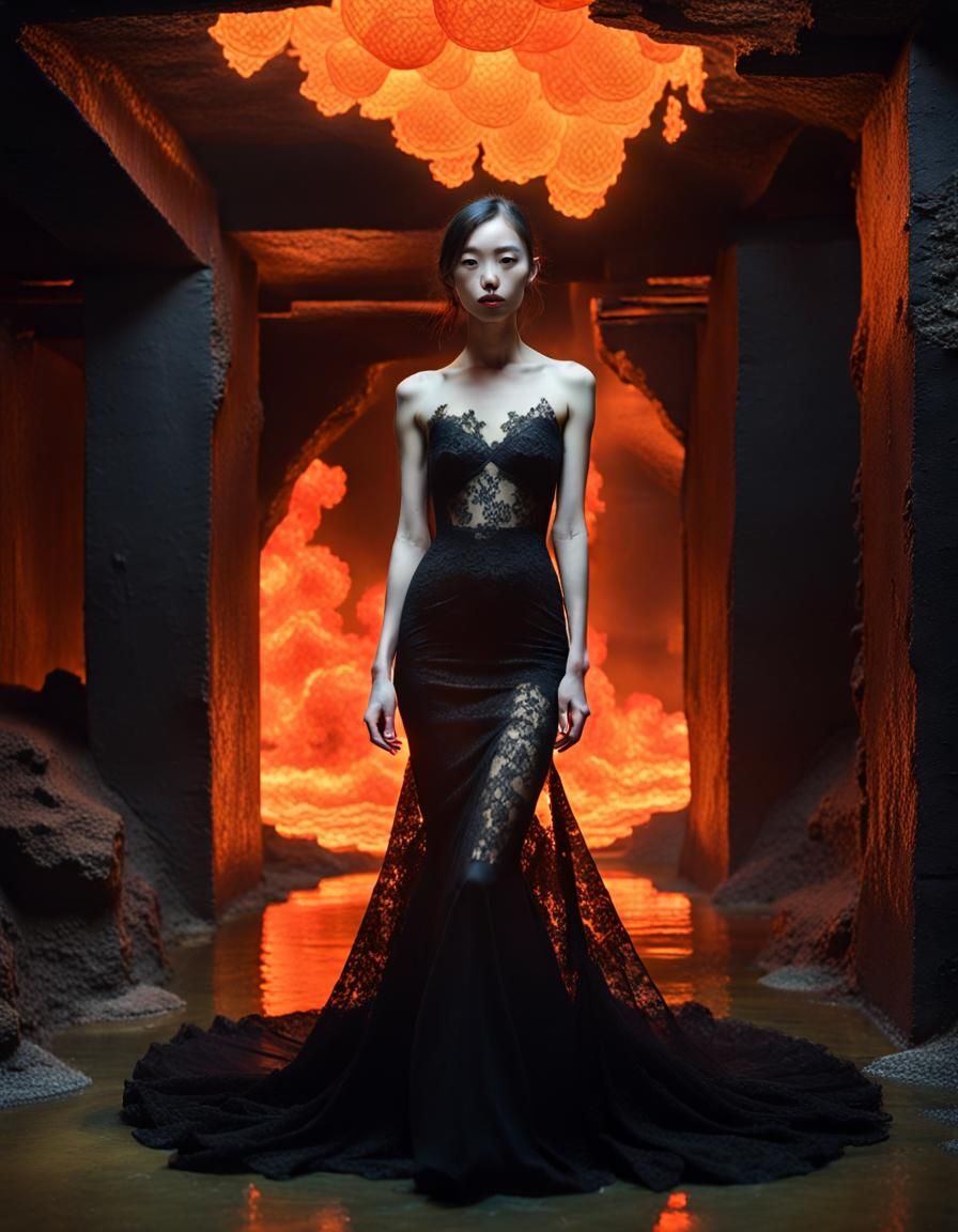 Llilith wearing a floating wedding lace black dress in the u...