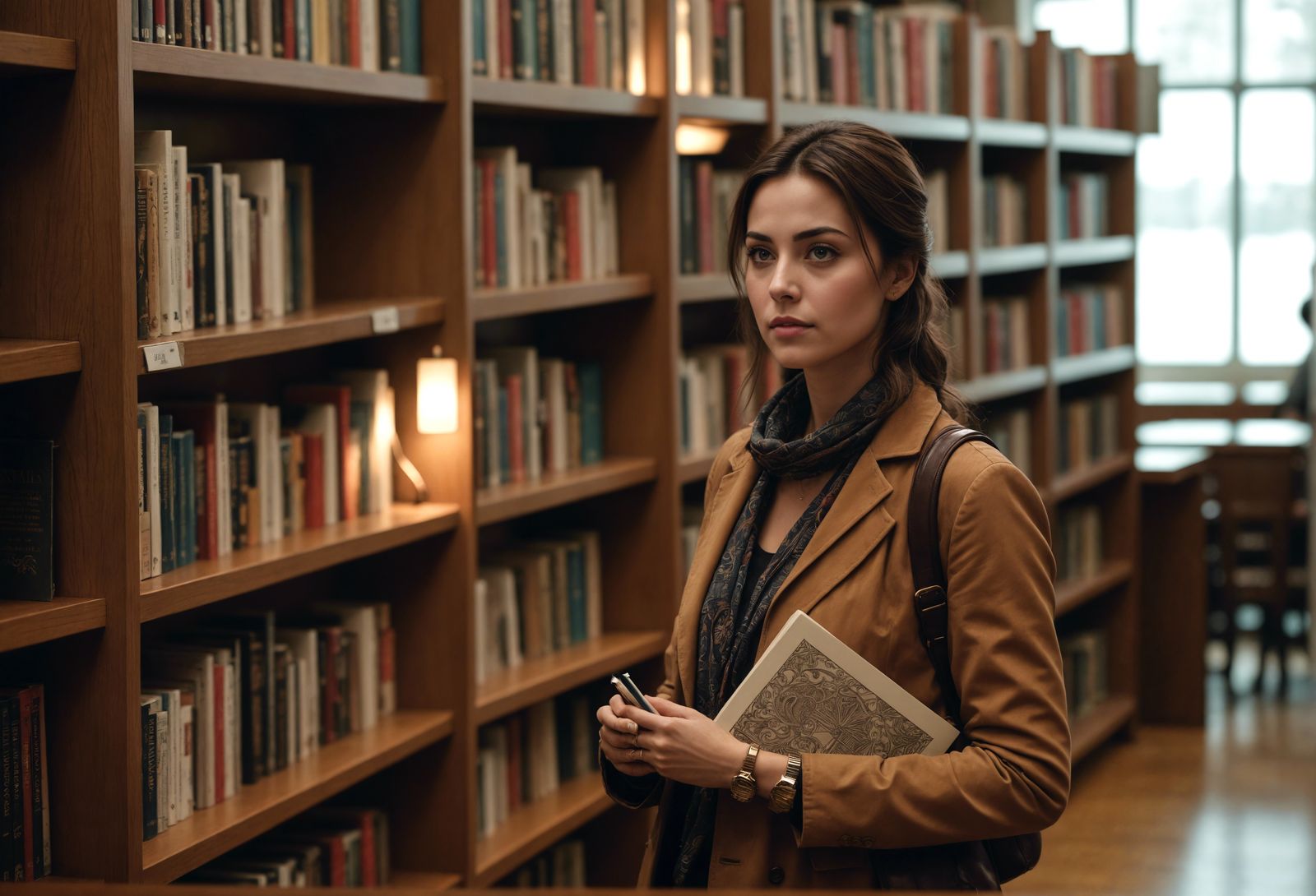 A woman in a public library with books using intricate details, HDR, beautifully shot, hyperrealistic, sharp focus, 64 m...