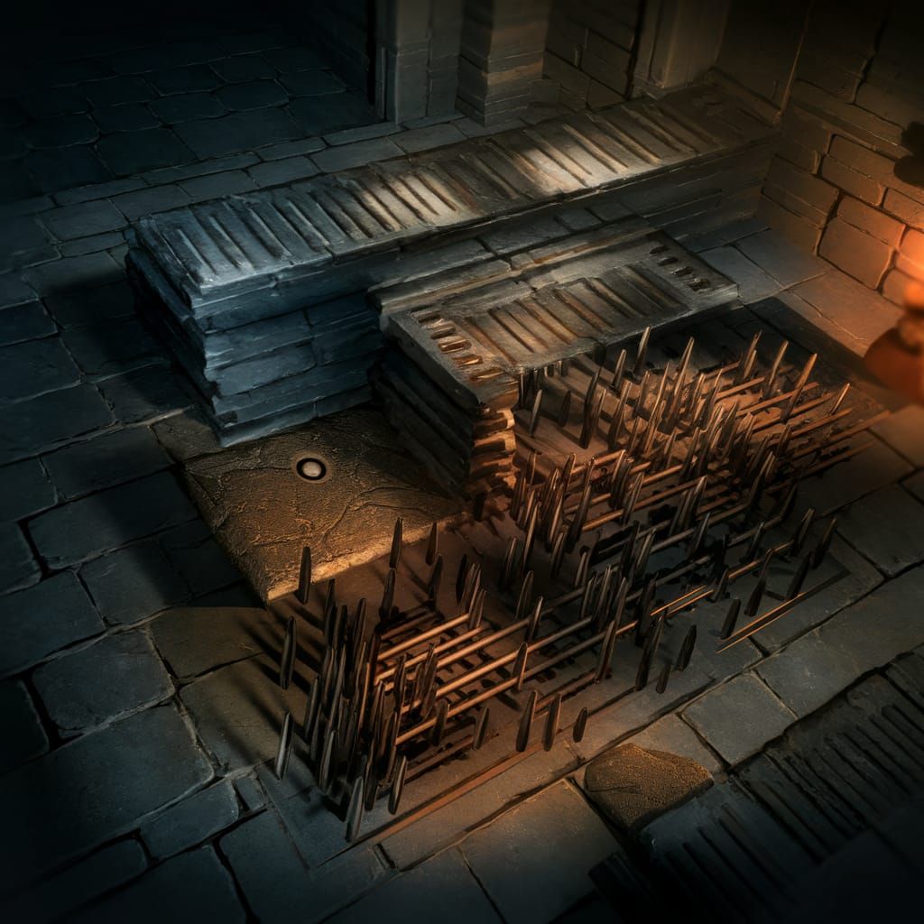 Sinister Spike Trap in Ancient, Dimly Lit Hallway
