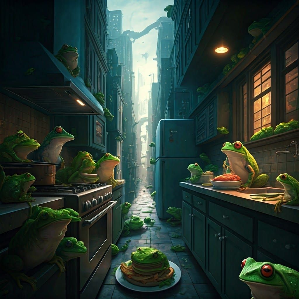 Surreal Cityscape Teeming with Whimsical Frogs in Matte Pain...
