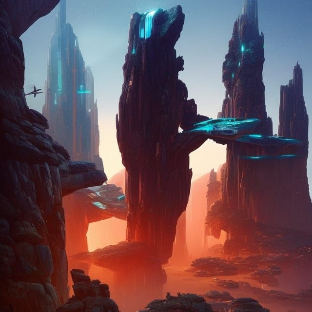 Futuristic Sci-fi mountains and waterfalls by WLOP beeple Gr...