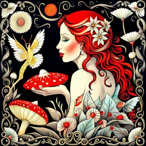 beautiful fairy with cute birds, vines, flowers, marihuana, ...