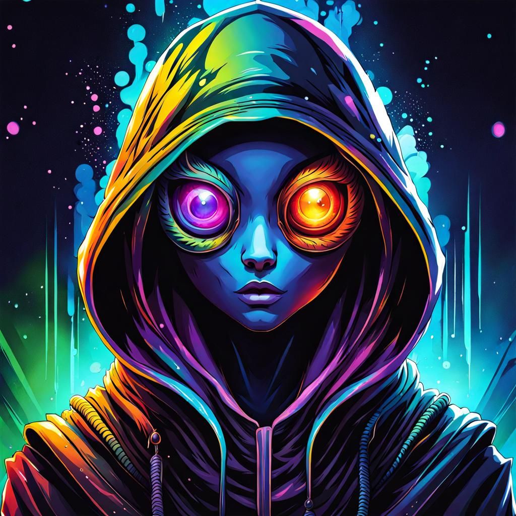 Hooded alien creature Splash art anime portrait colorful