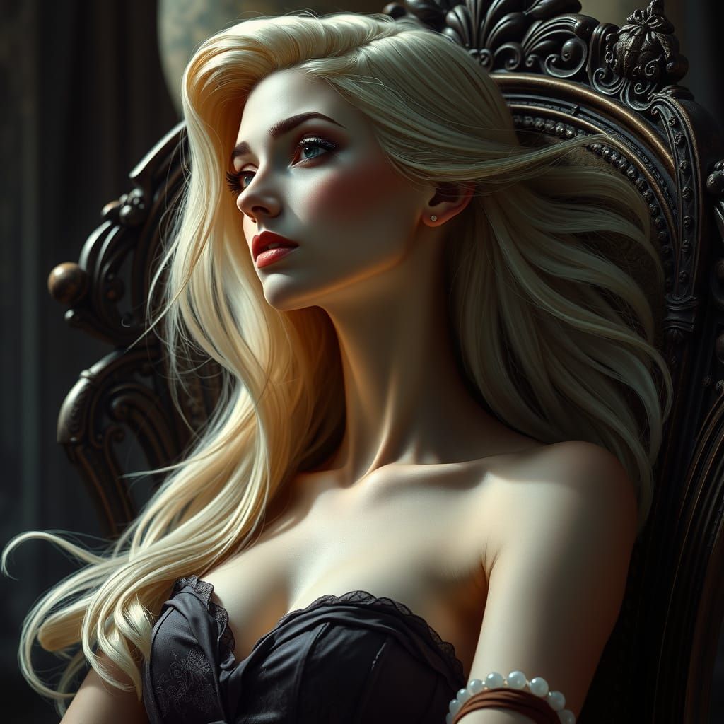 Digital painting. Close-up shot. A mysterious woman with an elongated neck and blonde hair sits in an ...  by @Ed Evans
