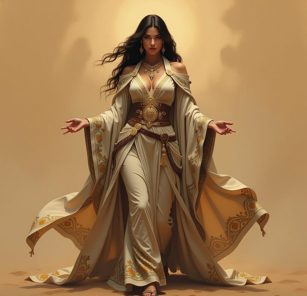 A western realism goddess model, wearing flowing robes, posed in a powerful stance, with intricate details and textures, in the style of Jer...