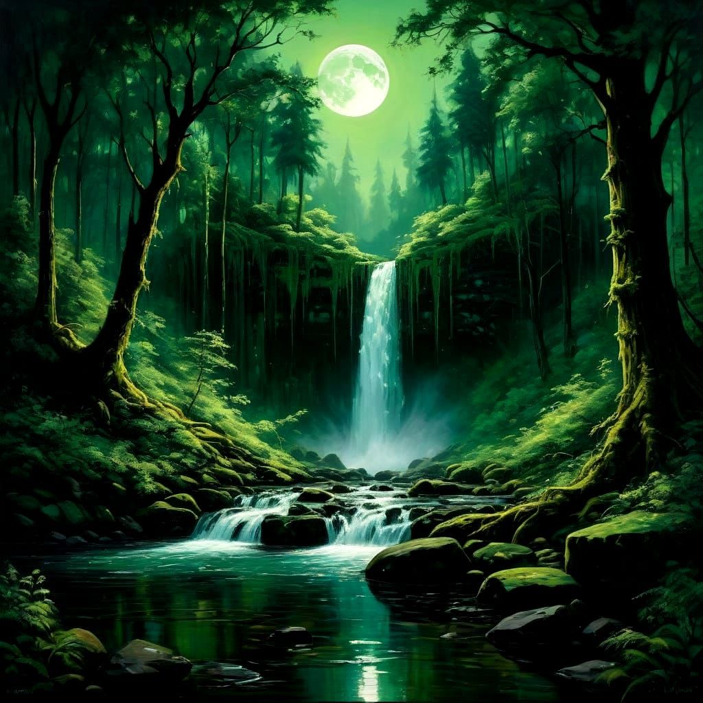Waterfall in a Lush Forest  by @Alice